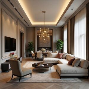 چیدن مبلمان و تلویزیون در پذیرایی ال شکل