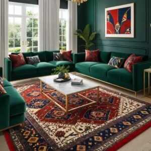 چیدمان مبل سبز و فرش قرمز
